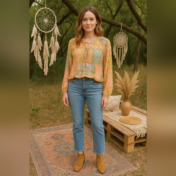 NWT Maison D'Amelie Medium Boho Patchwork Blouse Multicolor Pattern Sheer Vtg. - Picture 1 of 5